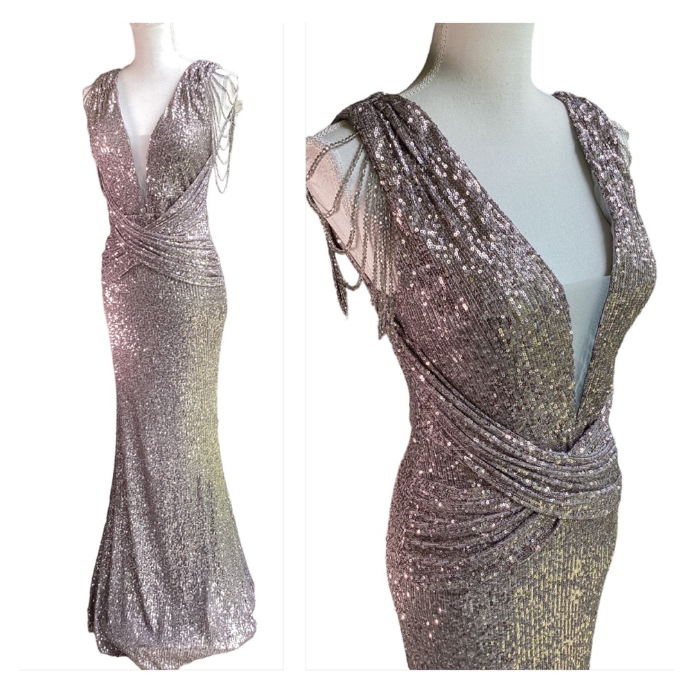 NWOT Red Carpet Silver Sequin Crystal Sleeve Gown. MC